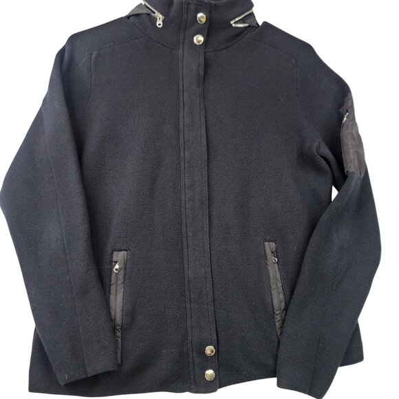 Lauren Ralph Lauren Black Hidden Hood Cotton Poly Sweater Jacket Zip Snap Medium - Picture 1 of 10